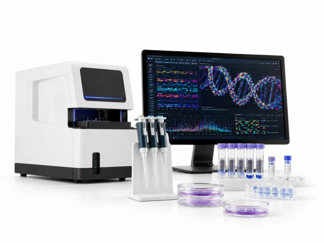 A benchtop sequencer beside a monitor showing genomic read data, with pipettes and sample tubes