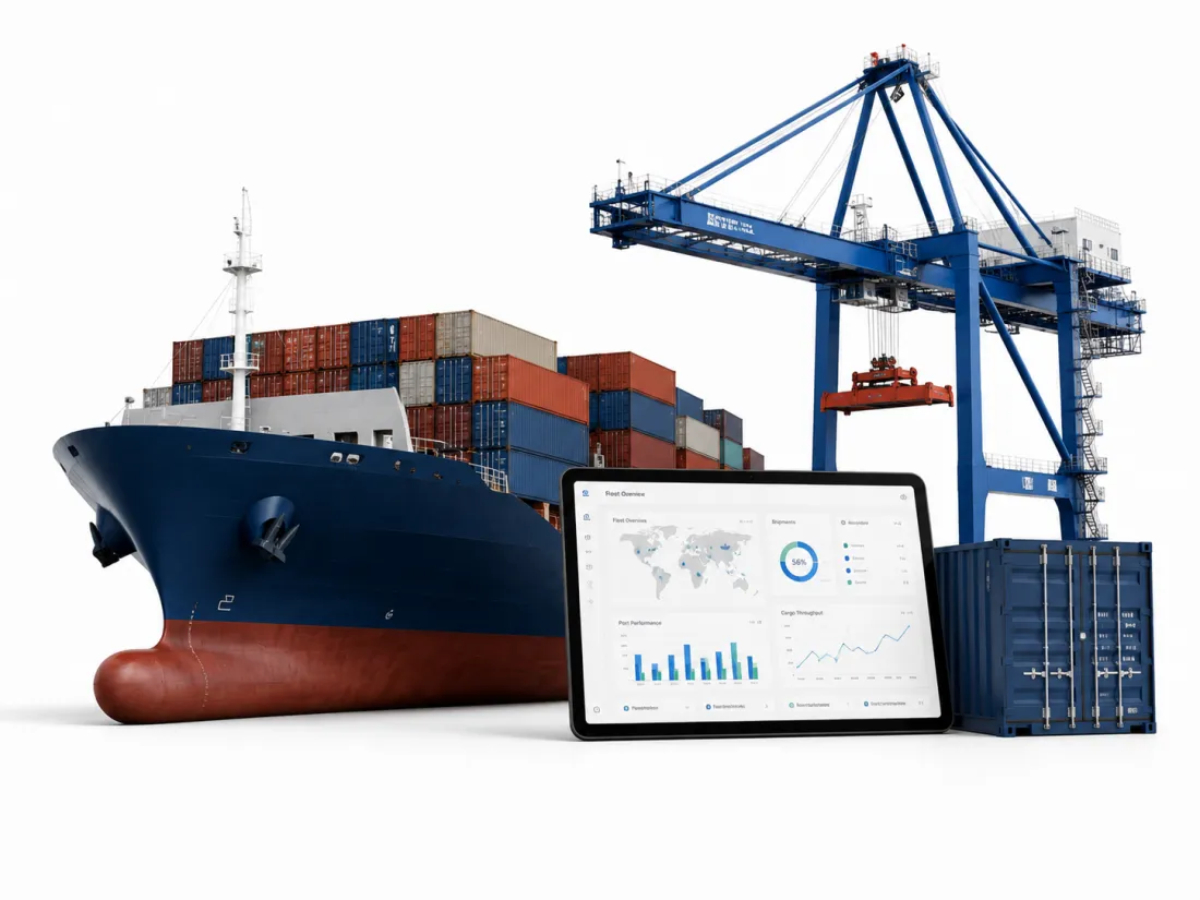A container ship under a quay crane beside a tablet showing port and fleet performance