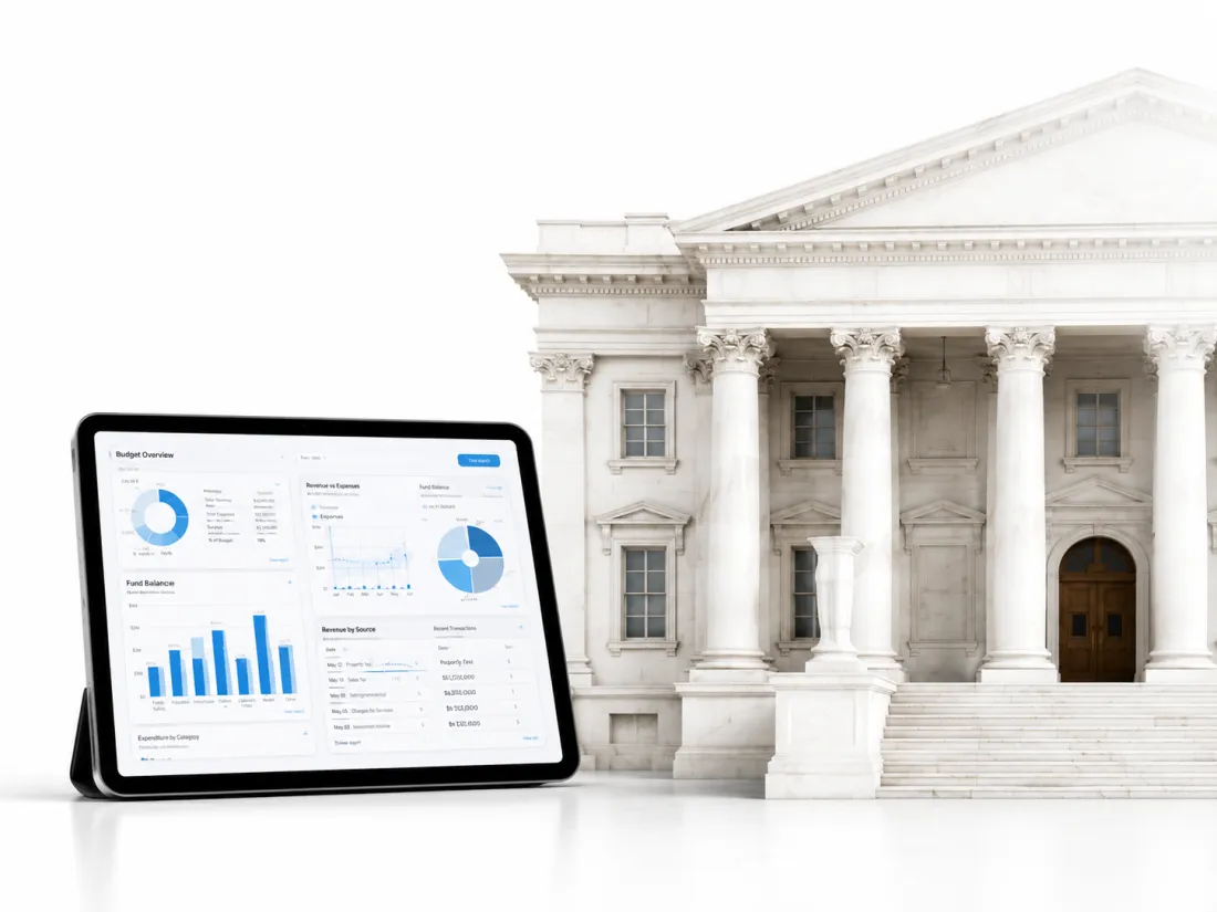 A tablet showing a municipal budget dashboard beside a neoclassical civic building